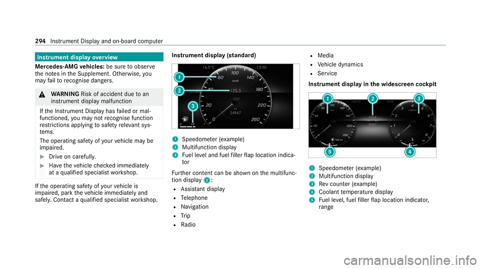 MERCEDES-BENZ GLB SUV 2019  Owners Manual Instrument display
overview
Mercedes-AMG vehicles: be sure toobser ve
th e no tes in the Supplement. Otherwise, you
may failto recognise dangers. &
WARNING Risk of accident due toan
instrument display