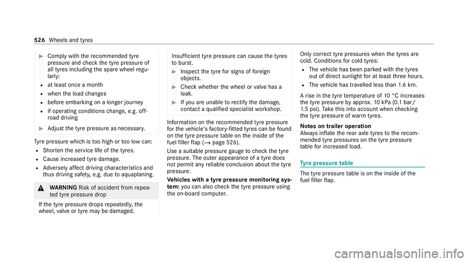 MERCEDES-BENZ GLB SUV 2019  Owners Manual #
Comply with there commended tyre
pressure and check the tyre pressure of
all tyres including the spare wheel regu‐
larly:
R at least once a month
R when the load changes
R before embarking on a lo