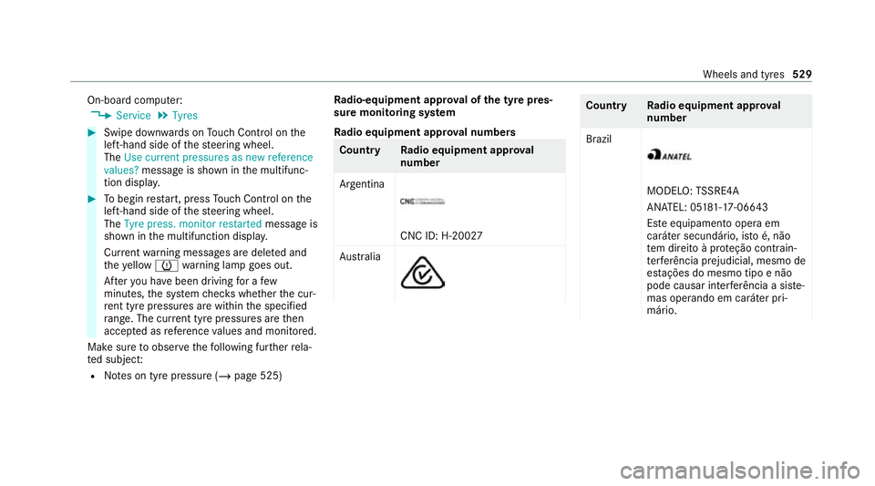 MERCEDES-BENZ GLB SUV 2019  Owners Manual On-board computer:
4 Service 5
Tyres #
Swipe down wards on Touch Control on the
left-hand side of thesteering wheel.
The Use current pressures as new reference
values? message is shown in the multifun