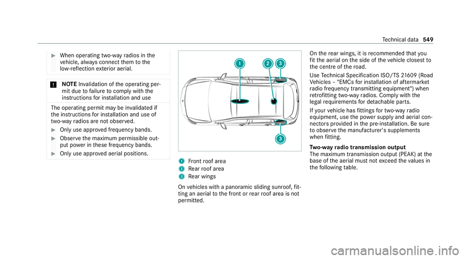 MERCEDES-BENZ GLB SUV 2019  Owners Manual #
When operating two-w ayradios in the
ve hicle, alw ays connect them tothe
lo w- reflection exterior aerial. *
NO
TEInva lidation of the operating per‐
mit due tofailure tocomply wi th the
instruct