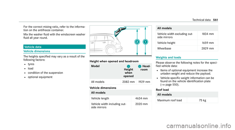 MERCEDES-BENZ GLB SUV 2019 Owners Manual Fo
rth e cor rect mixing ratio, referto the informa‐
tion on the antif reeze conta iner.
Mix thewa sher fluid with the windscreen washer
fl uid all year round. Ve
hicle data Ve
hicle dimensions The MERCEDES-BENZ GLB SUV 2019 Owners Manual Fo
rth e cor rect mixing ratio, referto the informa‐
tion on the antif reeze conta iner.
Mix thewa sher fluid with the windscreen washer
fl uid all year round. Ve
hicle data Ve
hicle dimensions The
