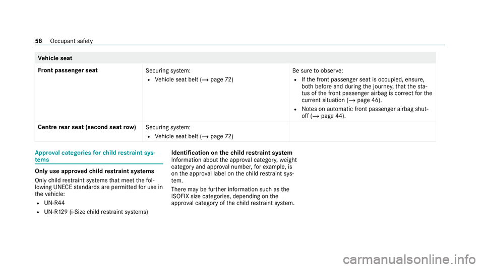 MERCEDES-BENZ GLB SUV 2019 Repair Manual Ve
hicle seat
Fr ont passenger seat
Securing system:
R Vehicle seat belt (/ page72) Be sure
toobser ve:
R Ifth e front passenger seat is occupied, ensure,
bo th before and during the journe y,that the