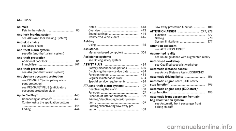 MERCEDES-BENZ GLB SUV 2019 Owners Manual Animals
Pets in theve hicle ................................. 80
Anti-lock braking sy stem
see ABS (Anti-lock Braking Sy stem)
Anti-skid chains
see Snow chains
Anti-theft ala rmsystem
see ATA (anti-th MERCEDES-BENZ GLB SUV 2019 Owners Manual Animals
Pets in theve hicle ................................. 80
Anti-lock braking sy stem
see ABS (Anti-lock Braking Sy stem)
Anti-skid chains
see Snow chains
Anti-theft ala rmsystem
see ATA (anti-th