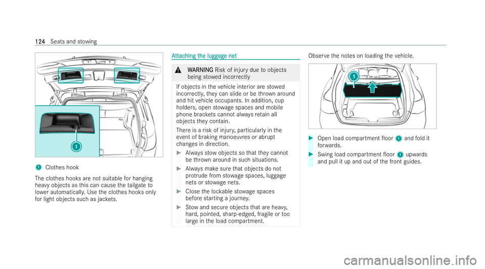 MERCEDES-BENZ GLC COUPE 2022  Owners Manual 1
Clothes hook
The clo thes hooks are not suitable for hanging
heavy objects as this can cause theta ilgate to
lo we r automaticall y.Use the clo thes hooks only
fo r light objects such as jac kets. A