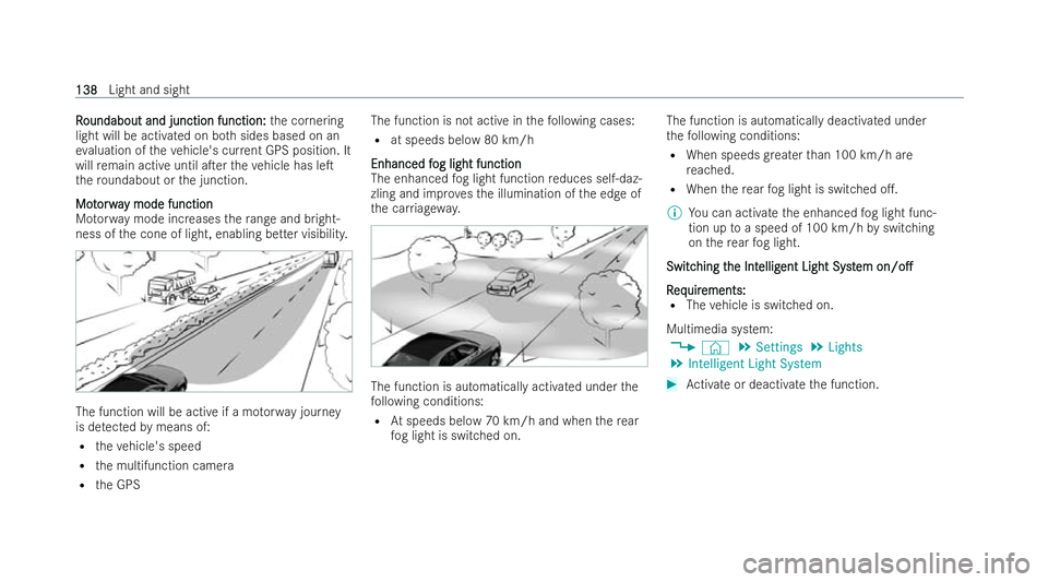 MERCEDES-BENZ GLC COUPE 2022  Owners Manual R
R
oundabout and junction function:
oundabout and junction function: the cornering
light will be activated on bo thsides based on an
ev aluation of theve hicle's cur rent GPS position. It
will re