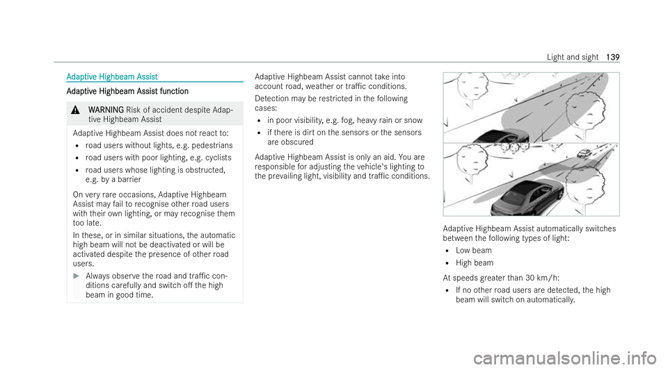 MERCEDES-BENZ GLC COUPE 2022  Owners Manual A
A
dap
dap tiv
tive Highbeam Assist
e Highbeam Assist A
A
dap
dap tiv
tive Highbeam Assis
e Highbeam Assist function t function &
W
W ARNING
ARNING Risk of accident despite Adap-
tive Highbeam Assist