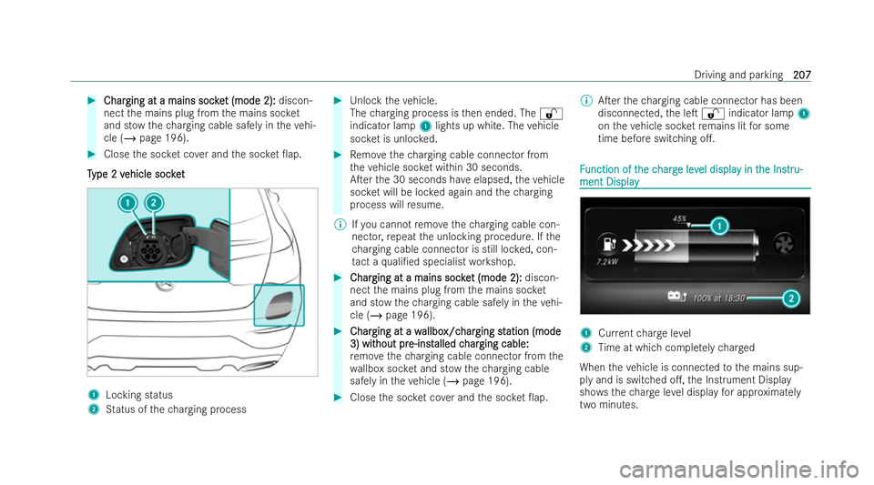 MERCEDES-BENZ GLC COUPE 2022  Owners Manual #
Char
Char ging at a mains soc ke
ging at a mains soc ket (mode 2):
t (mode 2): discon-
nect the mains plug from the mains soc ket
and st owthech arging cable safely in theve hi-
cle (/ page 196). #
