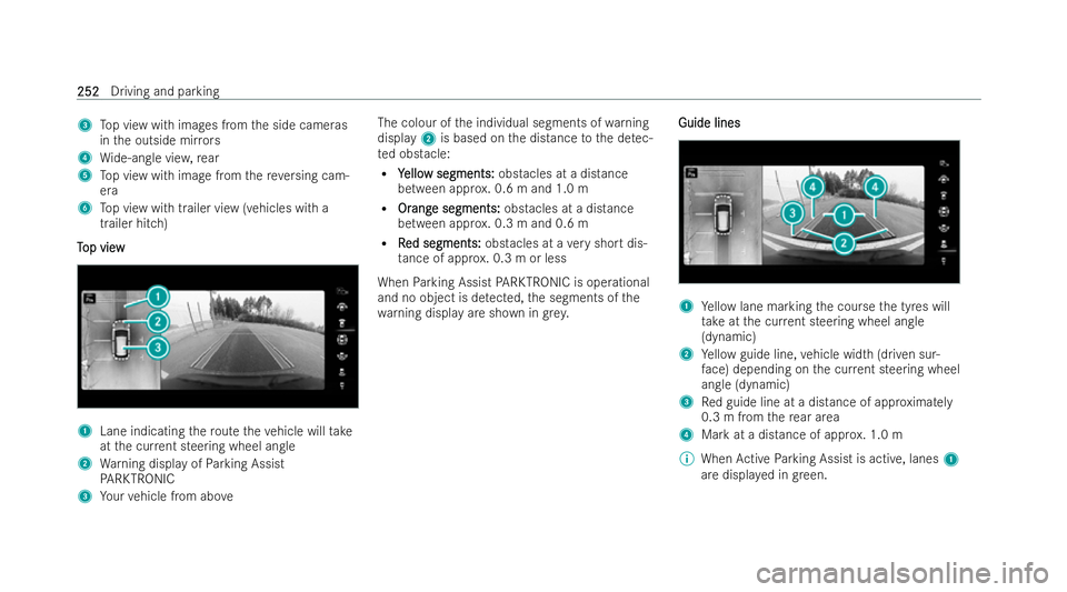 MERCEDES-BENZ GLC COUPE 2022  Owners Manual 3
Top view with images from the side cameras
in the outside mir rors
4 Wide-angle vie w,rear
5 Top view with image from there ve rsing cam-
era
6 Top view with trailer view (vehicles with a
trailer hi