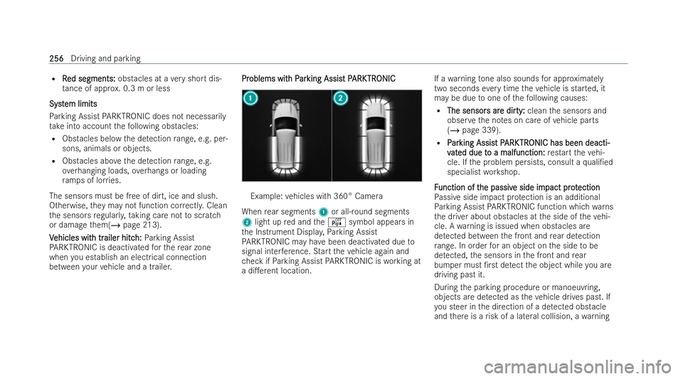 MERCEDES-BENZ GLC COUPE 2022  Owners Manual R
R
Red segments:
ed segments: obstacles at a very short dis-
ta nce of app rox. 0.3 m or less
Sy
Sy st
stem limits
em limits
Pa rking Assist PARKTRONIC does not necessarily
ta ke into account thefo l