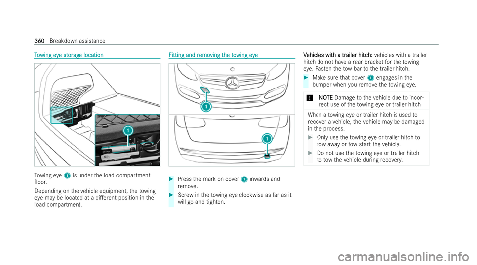 MERCEDES-BENZ GLC COUPE 2022  Owners Manual T
T
o
o wing ey
wing eye st
e st or
orag
ag e location
e location To
wing eye1 is under the load compartment
0oor.
Depending on theve hicle equipment, theto wing
ey e may be located at a di.erent po