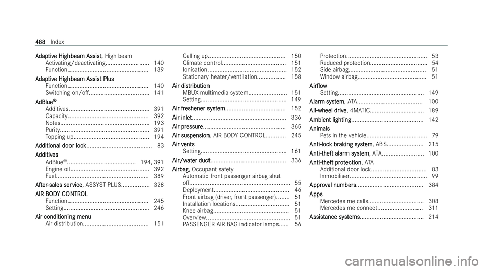 MERCEDES-BENZ GLC COUPE 2022 Owners Manual A
A
dap
dap tiv
tive Highbeam Assist
e Highbeam Assist , High beam
Ac tivating/deactivating.......................... 140
Fu nction................................................ 139
A
A dap
dap tiv
MERCEDES-BENZ GLC COUPE 2022 Owners Manual A
A
dap
dap tiv
tive Highbeam Assist
e Highbeam Assist , High beam
Ac tivating/deactivating.......................... 140
Fu nction................................................ 139
A
A dap
dap tiv