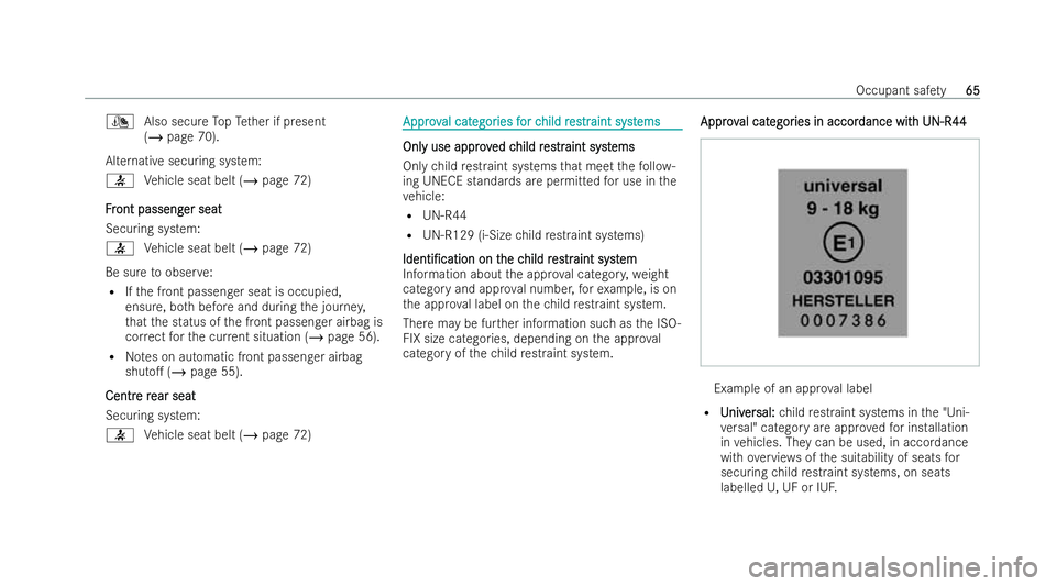 MERCEDES-BENZ GLC COUPE 2022 Repair Manual ¯
Also secure TopTe ther if present
(/ page 70).
Alternative securing system:
7 Vehicle seat belt (/ page 72)
F
F r
ront passeng
ont passeng er seat
er seat
Securing system:
7 Vehicle seat belt (/ pa