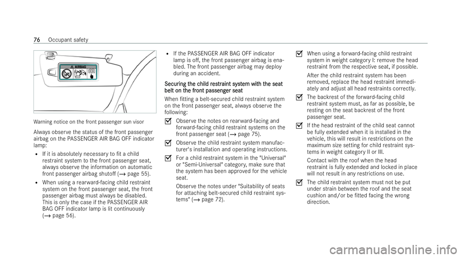 MERCEDES-BENZ GLC COUPE 2022 Manual PDF Wa
rning notice on the front passenger sun visor
Alw ays obser vethe status of the front passenger
airbag on thePA SSENGER AIR BAG OFF indicator
la mp:
R If it is absolu tely necessary to/t a child
r