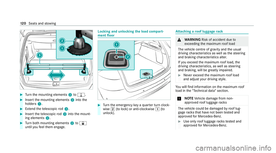 MERCEDES-BENZ GLC COUPE 2021  Owners Manual #
Turn the mounting elements 2to= . #
Insert the mounting elements 2into the
holders 1. #
Extend thete lescopic rod3. #
Insert thete lescopic rod3 into the mount‐
ing elements 2.#
Turn both mounting