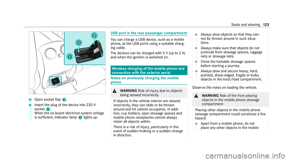 MERCEDES-BENZ GLC COUPE 2021  Owners Manual #
Open soc ketflap 3. #
Insert the plug of the device into 230 V
soc ket1.
When the on-board electrical sy stem voltage
is suf ficient, indicator la mp2lights up. USB port in
there ar passenger comp a