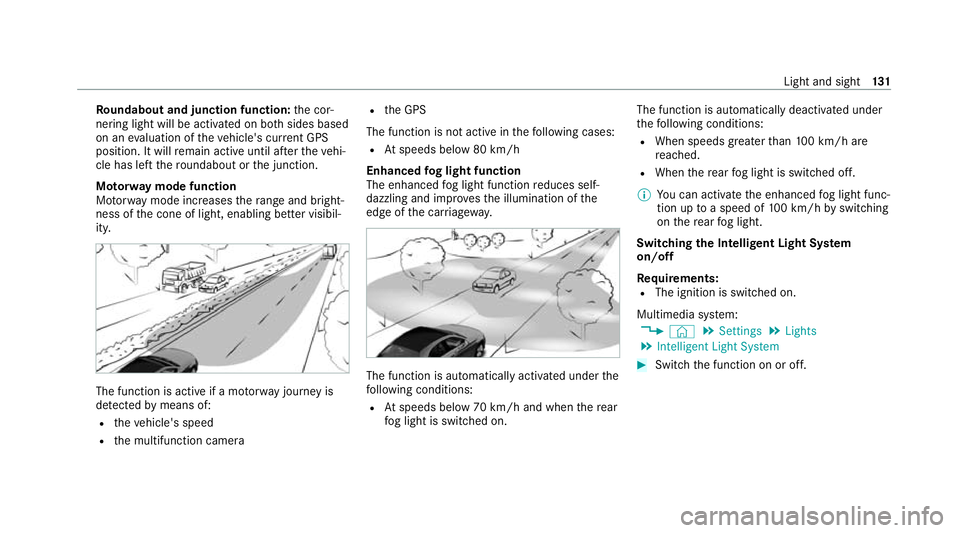 MERCEDES-BENZ GLC COUPE 2021  Owners Manual Ro
undabout and junction function: the cor‐
nering light will be activated on bo thsides based
on an evaluation of theve hicle's cur rent GPS
position. It will remain active until af terth eve h