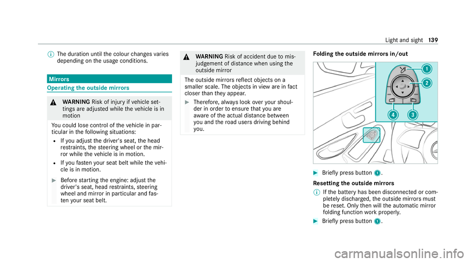 MERCEDES-BENZ GLC COUPE 2021  Owners Manual %
The duration until the colour changes varies
depending on the usage conditions. Mir
rors Operating
the outside mir rors &
WARNING Risk of injury ifve hicle set‐
tings are adjus ted while theve hic