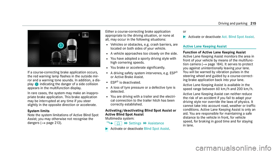 MERCEDES-BENZ GLC COUPE 2021  Owners Manual If a course-cor
recting brake application occurs,
th ere dwa rning lamp flashes in the outside mir‐
ro r and a warning tone sounds. In addition, a dis‐
pl ay 1 indicating the danger of a side coll