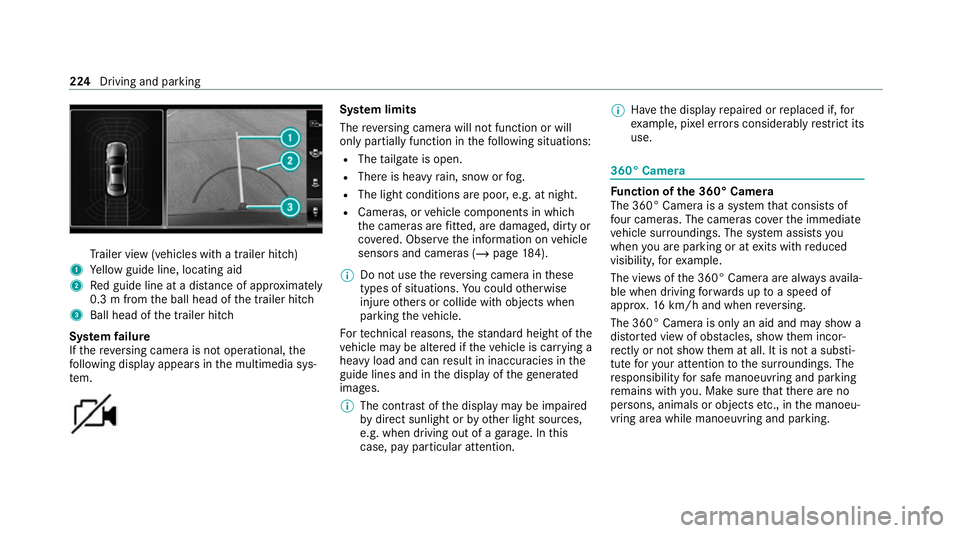 MERCEDES-BENZ GLC COUPE 2021  Owners Manual Tr
ailer view (vehicles with a trailer hit ch)
1 Yellow guide line, locating aid
2 Red guide line at a dis tance of appr oximately
0.3 m from the ball head of the trailer hitch
3 Ball head of the trai