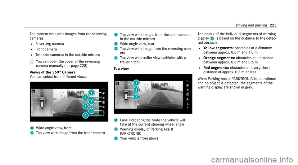 MERCEDES-BENZ GLC COUPE 2021  Owners Manual The sy
stem evaluates images from thefo llowing
cameras:
R Reversing camera
R Front camera
R Two side cameras in the outside mir rors
% You can open the co ver of there ve rsing
camera manually (/ pag