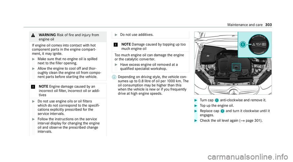 MERCEDES-BENZ GLC COUPE 2021  Owners Manual &
WARNING Risk offire and injury from
engine oil
If engine oil comes into con tact with hot
component parts in the engine compart‐
ment, it may ignite. #
Make sure that no engine oil is spilled
next