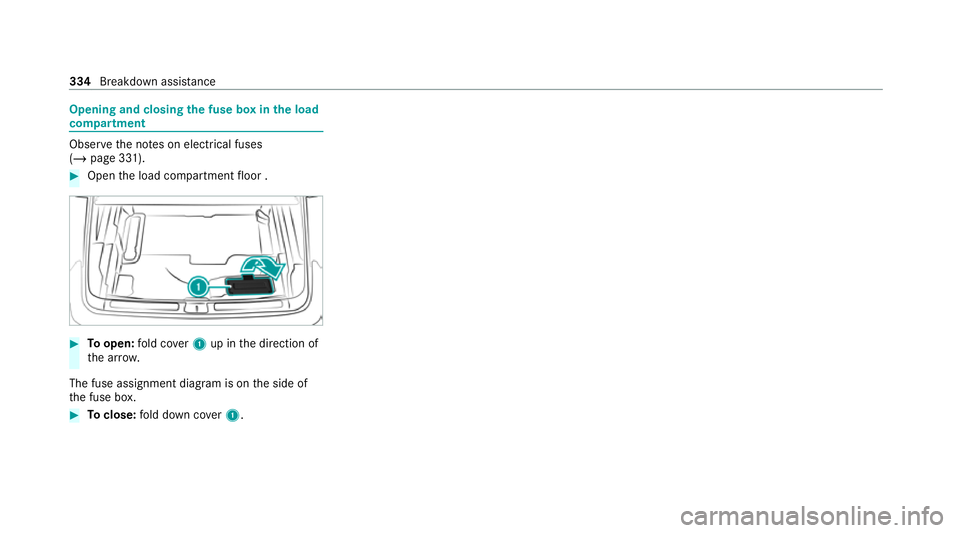 MERCEDES-BENZ GLC COUPE 2021  Owners Manual Opening and closing
the fuse box in the load
compa rtment Obse
rveth e no tes on electrical fuses
(/ page 331). #
Open the load compartment floor . #
Toopen: fold co ver1 up in the direction of
th e a