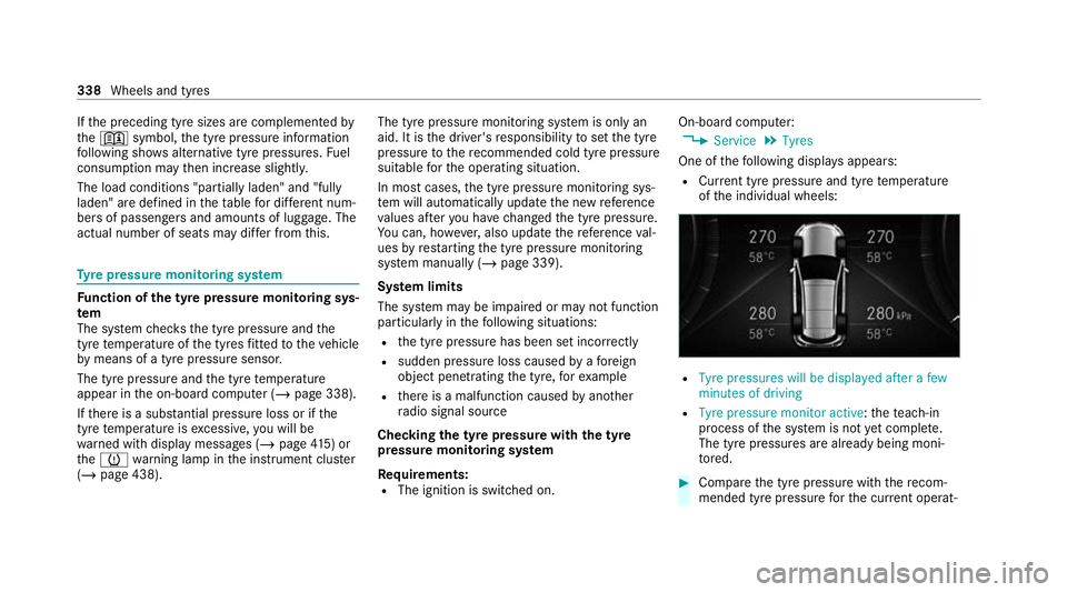 MERCEDES-BENZ GLC COUPE 2021 Owners Manual If
th e preceding tyre sizes are complemented by
th e+ symbol, the tyre pressure information
fo llowing sho wsalternative tyre pressures. Fuel
consum ption may then increase slightl y.
The load condit MERCEDES-BENZ GLC COUPE 2021 Owners Manual If
th e preceding tyre sizes are complemented by
th e+ symbol, the tyre pressure information
fo llowing sho wsalternative tyre pressures. Fuel
consum ption may then increase slightl y.
The load condit