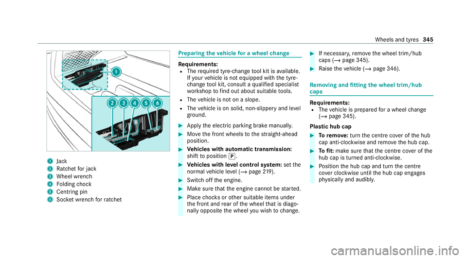 MERCEDES-BENZ GLC COUPE 2021 Owners Manual 1
Jack
2 Ratchet for jack
3 Wheel wrench
4 Folding chock
5 Centring pin
6 Socket wrench forra tchet Prepa
ring theve hicle for a wheel change Re
quirements:
R The requ ired tyre-change tool kit is ava MERCEDES-BENZ GLC COUPE 2021 Owners Manual 1
Jack
2 Ratchet for jack
3 Wheel wrench
4 Folding chock
5 Centring pin
6 Socket wrench forra tchet Prepa
ring theve hicle for a wheel change Re
quirements:
R The requ ired tyre-change tool kit is ava