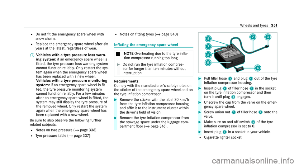 MERCEDES-BENZ GLC COUPE 2021 Owners Manual R
Do not fit th e emer gency spa rewheel with
sn ow chains.
R Replace the emer gency spa rewheel af ter six
ye ars at the latest, rega rdless of wear.
% Ve
hicles with a tyre pressure loss warn‐
ing MERCEDES-BENZ GLC COUPE 2021 Owners Manual R
Do not fit th e emer gency spa rewheel with
sn ow chains.
R Replace the emer gency spa rewheel af ter six
ye ars at the latest, rega rdless of wear.
% Ve
hicles with a tyre pressure loss warn‐
ing