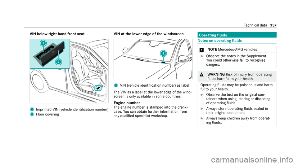 MERCEDES-BENZ GLC COUPE 2021 Owners Manual VIN below
right-hand front seat 1
Imprinted VIN (vehicle identification number)
2 Floor co vering VIN at the lo
wer edge of the windscreen 1
VIN (vehicle identi fication number) as label
The VIN as a MERCEDES-BENZ GLC COUPE 2021 Owners Manual VIN below
right-hand front seat 1
Imprinted VIN (vehicle identification number)
2 Floor co vering VIN at the lo
wer edge of the windscreen 1
VIN (vehicle identi fication number) as label
The VIN as a