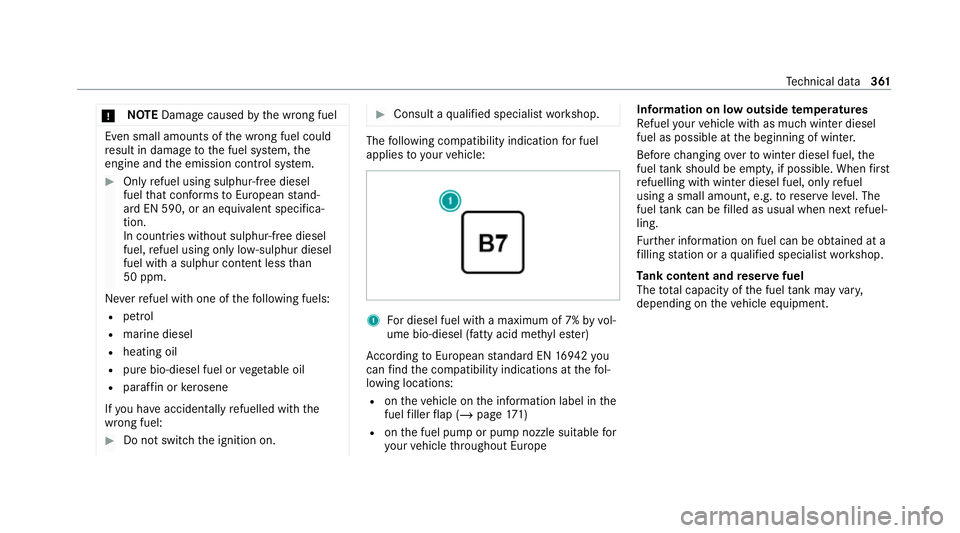 MERCEDES-BENZ GLC COUPE 2021 Owners Manual *
NO
TEDama gecaused bythe wrong fuel Even small amounts of
the wrong fuel could
re sult in damage tothe fuel sy stem, the
engine and the emission control sy stem. #
Only refuel using sulphur- free di MERCEDES-BENZ GLC COUPE 2021 Owners Manual *
NO
TEDama gecaused bythe wrong fuel Even small amounts of
the wrong fuel could
re sult in damage tothe fuel sy stem, the
engine and the emission control sy stem. #
Only refuel using sulphur- free di
