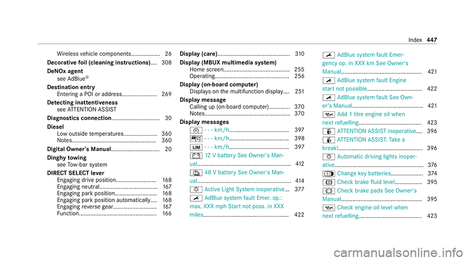 MERCEDES-BENZ GLC COUPE 2021  Owners Manual Wi
reless vehicle components.................. 26
Decorative foil (cleaning instructions) .... 308
DeNOx agent see AdBlue ®
De stination entry
En tering a POI or address...................... 269
De 