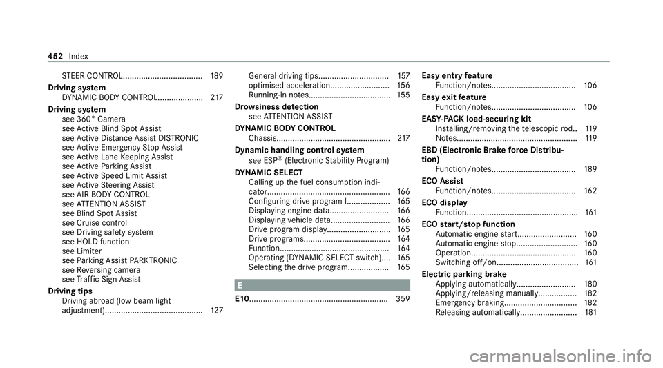 MERCEDES-BENZ GLC COUPE 2021  Owners Manual ST
EER CONTROL................................... 189
Driving sy stem
DY NA MIC BODY CONTROL.................... 217
Driving sy stem
see 360° Camera
see Active Blind Spot Assi st
see Active Dis tance