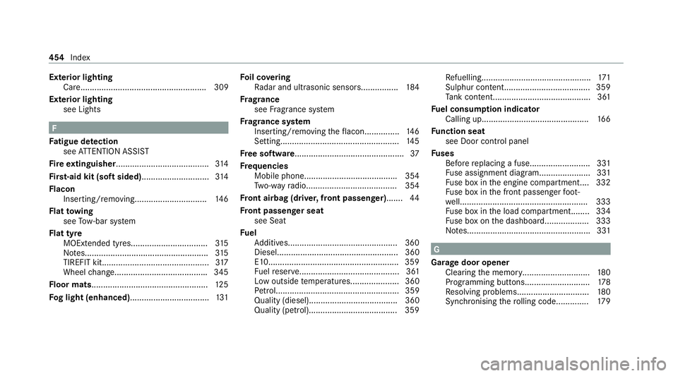 MERCEDES-BENZ GLC COUPE 2021  Owners Manual Exterior lighting
Care...................................................... 309
Exterior lighting see Lights F
Fa tigue de tection
see ATTENTION ASSIST
Fire extinguisher..............................
