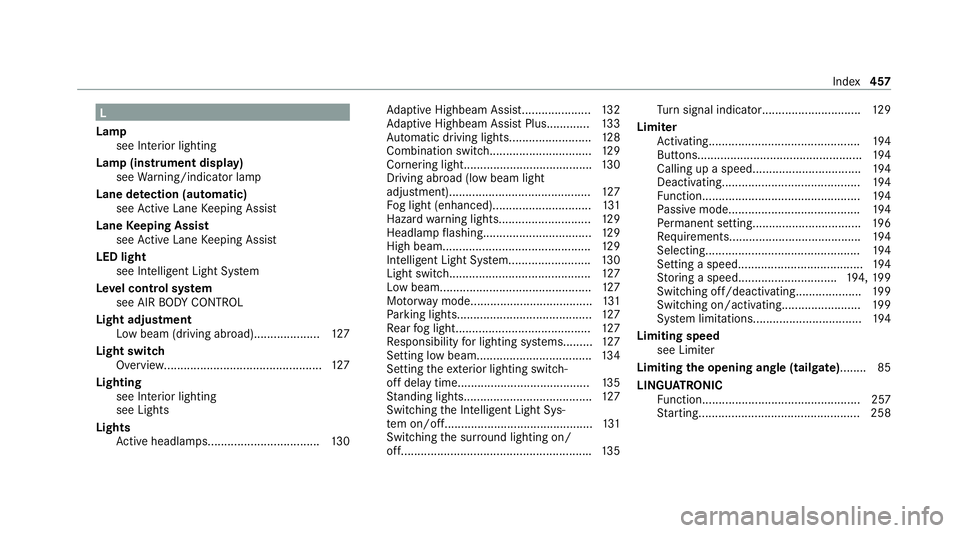 MERCEDES-BENZ GLC COUPE 2021  Owners Manual L
Lamp see In terior lighting
Lamp (instrument display) see Warning/indicator lamp
Lane de tection (au tomatic)
see Active Lane Keeping Assist
Lane Keeping Assist
see Active Lane Keeping Assist
LED li