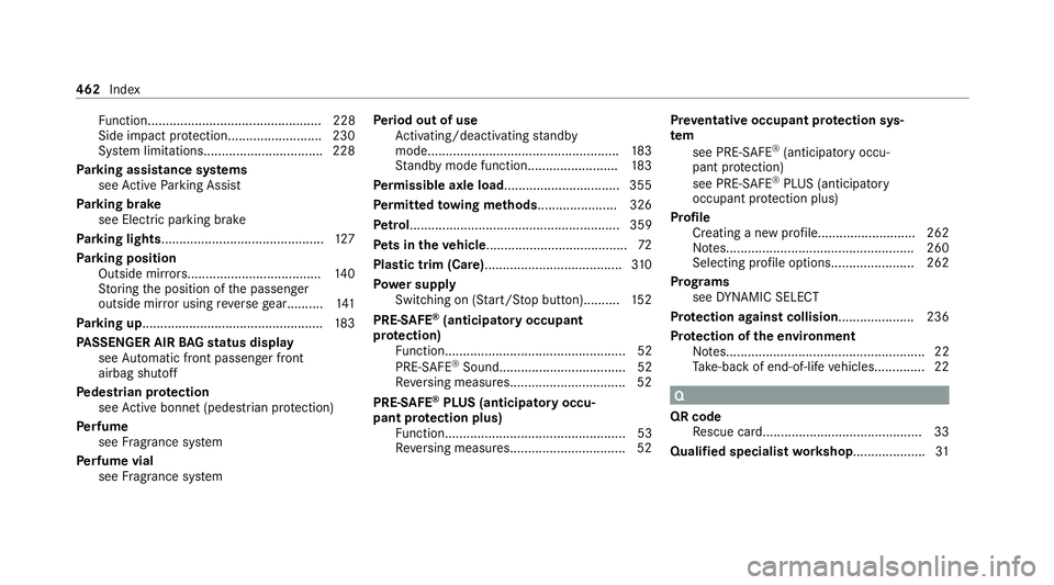 MERCEDES-BENZ GLC SUV 2021  Owners Manual Fu
nction................................................ 228
Side impact pr otection..........................2 30
Sy stem limitations................................. 228
Pa rking assistance sy stem
