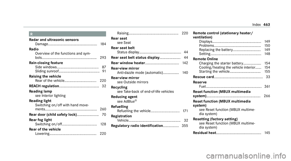 MERCEDES-BENZ GLC COUPE 2021  Owners Manual R
Ra dar and ultrasonic senso rs
Damage................................................. 184
Ra dio
Overview of the functions and sym‐
bols....................................................... 293