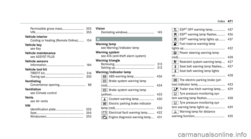 MERCEDES-BENZ GLC COUPE 2021  Owners Manual Pe
rm issible gross mass........................ .355
VIN........................................................ 355
Ve hicle interior
Cooling or heating (Remo teOnline).......1 54
Ve hicle key
see K