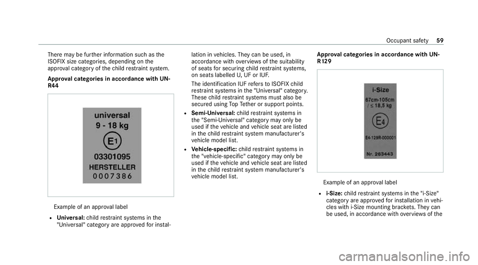 MERCEDES-BENZ GLC COUPE 2021 Repair Manual There may be fur
ther information such as the
ISOFIX size categories, depending on the
appr oval category of thech ild restra int sy stem.
Appr oval catego ries in accordance with UN-
R44 Example of a