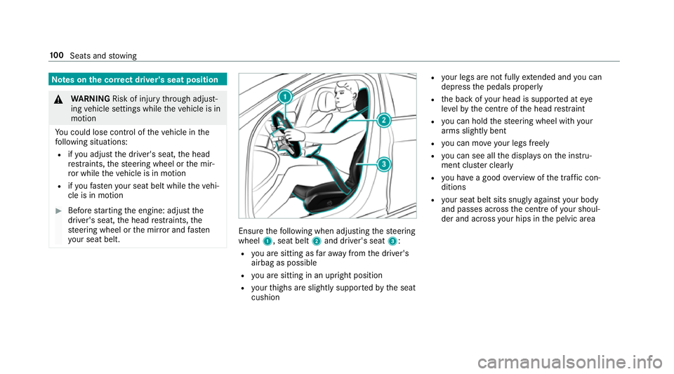MERCEDES-BENZ GLC COUPE 2019 Owners Manual Note
s onthe cor rect driver's seat position &
WARNING Risk of inju rythro ugh adjust‐
ing vehicle settings while theve hicle is in
motion
Yo u could lose cont rol of theve hicle in the
fo llowi MERCEDES-BENZ GLC COUPE 2019 Owners Manual Note
s onthe cor rect driver's seat position &
WARNING Risk of inju rythro ugh adjust‐
ing vehicle settings while theve hicle is in
motion
Yo u could lose cont rol of theve hicle in the
fo llowi
