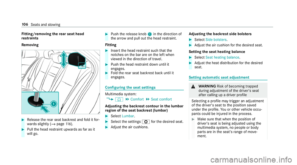 MERCEDES-BENZ GLC COUPE 2019 Owners Manual Fi
tting/ removing the rear seat head
re stra ints
Re moving #
Release there ar seat backrest and fold it for‐
wa rds slightly (/ page116). #
Pull the head restra int upwards as far as it
will go. # MERCEDES-BENZ GLC COUPE 2019 Owners Manual Fi
tting/ removing the rear seat head
re stra ints
Re moving #
Release there ar seat backrest and fold it for‐
wa rds slightly (/ page116). #
Pull the head restra int upwards as far as it
will go. #