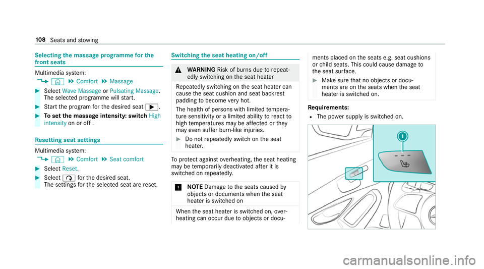 MERCEDES-BENZ GLC COUPE 2019 Owners Manual Selecting
the massage prog ramme for the
front seats Multimedia sy
stem:
4 © 5
Comfort 5
Massage #
Select Wave Massage orPulsating Massage .
The selected prog ramme will start. #
Start the program fo MERCEDES-BENZ GLC COUPE 2019 Owners Manual Selecting
the massage prog ramme for the
front seats Multimedia sy
stem:
4 © 5
Comfort 5
Massage #
Select Wave Massage orPulsating Massage .
The selected prog ramme will start. #
Start the program fo