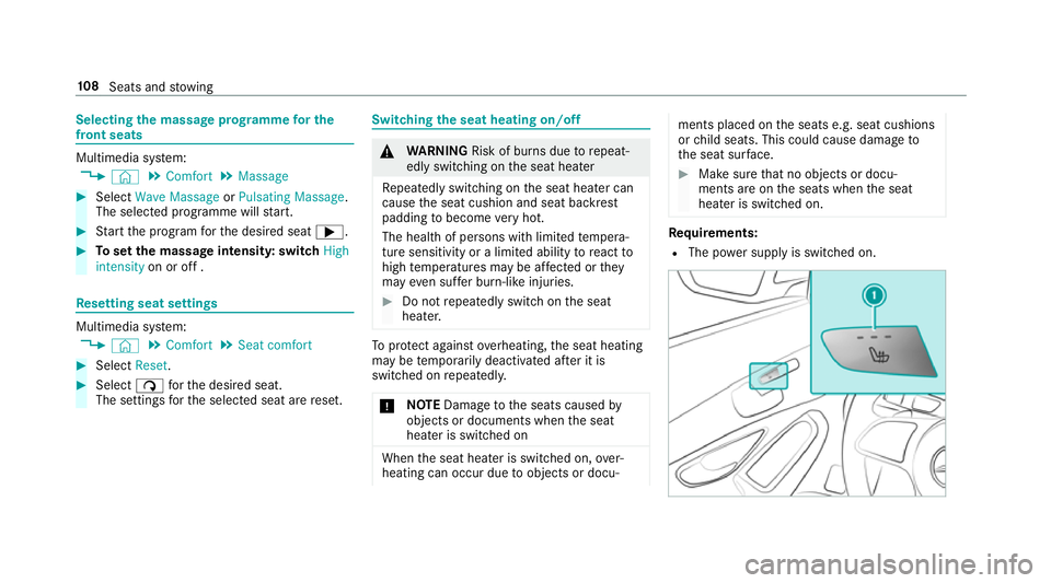 MERCEDES-BENZ GLC COUPE 2019  Owners Manual Selecting
the massage prog ramme for the
front seats Multimedia sy
stem:
4 © 5
Comfort 5
Massage #
Select Wave Massage orPulsating Massage .
The selected prog ramme will start. #
Start the program fo