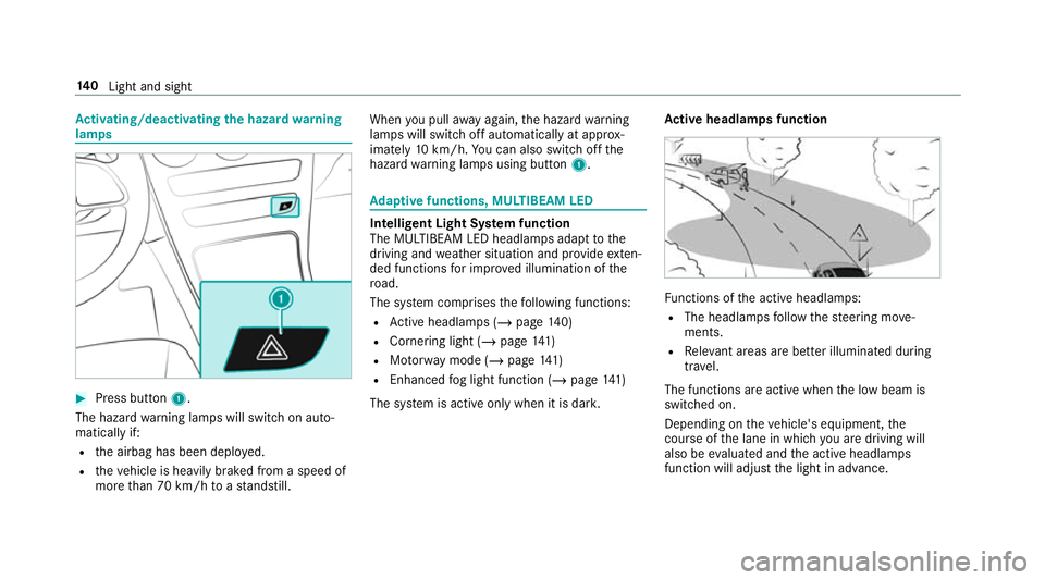 MERCEDES-BENZ GLC COUPE 2019 Owners Manual Ac
tivating/deactivating the hazard warning
lamps #
Press button 1.
The hazard warning lamps will switch on auto‐
matically if:
R the airbag has been deplo yed.
R theve hicle is heavily braked from MERCEDES-BENZ GLC COUPE 2019 Owners Manual Ac
tivating/deactivating the hazard warning
lamps #
Press button 1.
The hazard warning lamps will switch on auto‐
matically if:
R the airbag has been deplo yed.
R theve hicle is heavily braked from