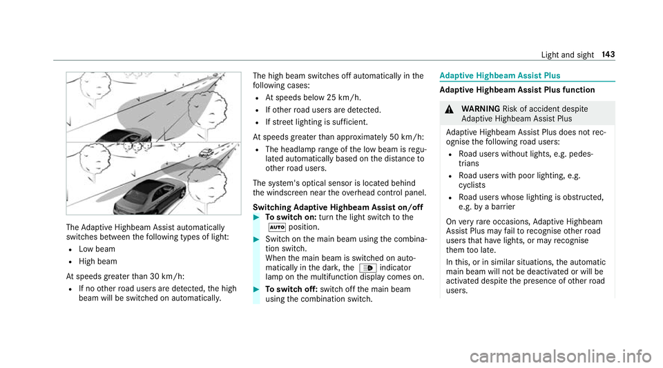 MERCEDES-BENZ GLC COUPE 2019 Owners Manual The
Adaptive Highbeam Assist automatically
swit ches between thefo llowing types of light:
R Low beam
R High beam
At speeds greater than 30 km/h:
R If no other road users are de tected, the high
beam MERCEDES-BENZ GLC COUPE 2019 Owners Manual The
Adaptive Highbeam Assist automatically
swit ches between thefo llowing types of light:
R Low beam
R High beam
At speeds greater than 30 km/h:
R If no other road users are de tected, the high
beam