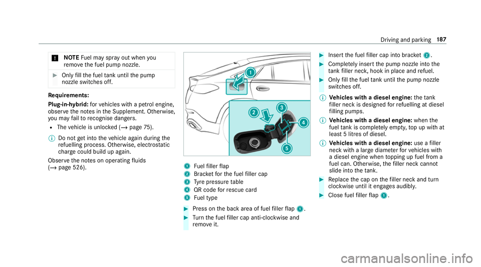 MERCEDES-BENZ GLC COUPE 2019 Owners Manual *
NO
TEFuel may spr ayout when you
re mo vethe fuel pump nozzle. #
Only fill th e fuel tank until the pump
nozzle switches off. Re
quirements:
Plug-in-hybrid: forve hicles with a petrol engine,
obser MERCEDES-BENZ GLC COUPE 2019 Owners Manual *
NO
TEFuel may spr ayout when you
re mo vethe fuel pump nozzle. #
Only fill th e fuel tank until the pump
nozzle switches off. Re
quirements:
Plug-in-hybrid: forve hicles with a petrol engine,
obser