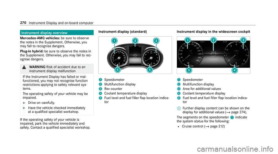 MERCEDES-BENZ GLC COUPE 2019  Owners Manual Instrument display
overview
Mercedes-AMG vehicles: be sure toobser ve
th e no tes in the Supplement. Otherwise, you
may failto recognise dangers.
Plug-in hybrid: be sure toobser vethe no tes in
th e S