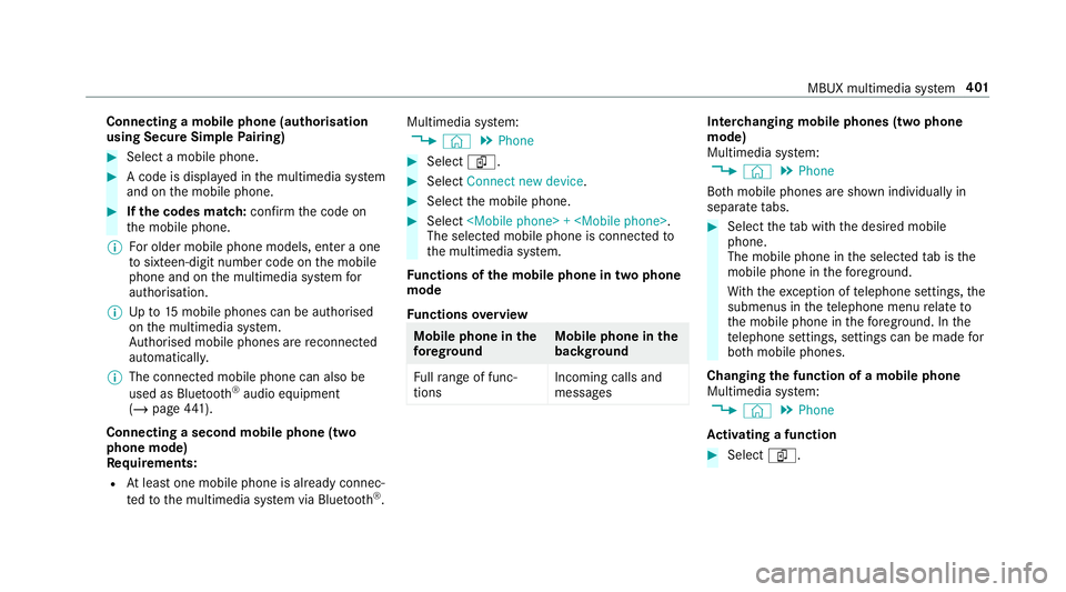 MERCEDES-BENZ GLC COUPE 2019  Owners Manual Connecting a mobile phone (au
thorisation
using Secure Simple Pairing) #
Select a mobile phone. #
A code is displa yed in the multimedia sy stem
and on the mobile phone. #
Ifth e codes match: confirm 