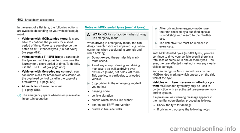 MERCEDES-BENZ GLC COUPE 2019 Owners Manual In
theeve nt of a flat tyre, thefo llowing options
are available depending on your vehicle's equip‐
ment:
R Vehicles with MOExtended tyres: it is pos‐
sible tocontinue the journey for a short
MERCEDES-BENZ GLC COUPE 2019 Owners Manual In
theeve nt of a flat tyre, thefo llowing options
are available depending on your vehicle's equip‐
ment:
R Vehicles with MOExtended tyres: it is pos‐
sible tocontinue the journey for a short