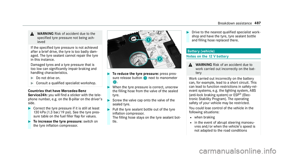 MERCEDES-BENZ GLC COUPE 2019 Owners Manual &
WARNING Risk of accident due tothe
specified tyre pressure not being ach‐
ie ved
If th e specified tyre pressure is not achie ved
af te r a brief drive, the tyre is too badly dam‐
aged. The tyre MERCEDES-BENZ GLC COUPE 2019 Owners Manual &
WARNING Risk of accident due tothe
specified tyre pressure not being ach‐
ie ved
If th e specified tyre pressure is not achie ved
af te r a brief drive, the tyre is too badly dam‐
aged. The tyre